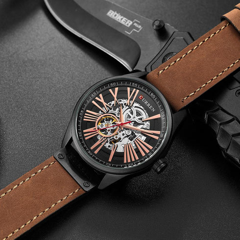 Curren Men's Automatic Master Watch! - No Battery Needed! - The Ultimate Timepiece! - Handmade with Expert Craftsmanship! - Open Heart Design! - Genuine Brown Ultrasoft Leather! -1 Year Warranty!
