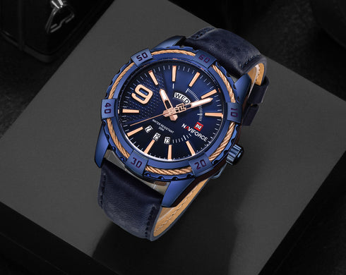 Naviforce Men's -Modern Majestic Blue Force! - Genuine Ultra Soft Leather! - Water Resistant!- 1 Year Warranty! - Box Packaging!