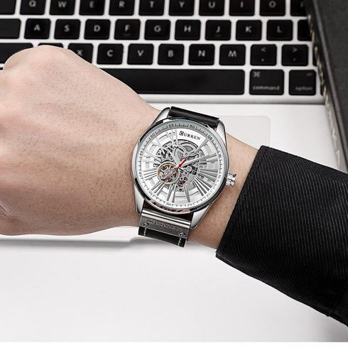 Curren Automatic Master Watch! - No Battery Needed! - Open Heart Design! - Black & Silver! - Ultrasoft Leather! -1 Year Warranty!