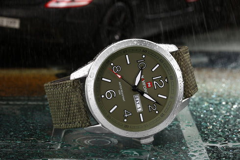 Naviforce Men's Military Gren! - Date Window! - Nylon & Genuine Leather Strap! - Water Resistant! - 1 Year Warranty