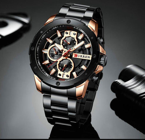 Curren Heavy Duty Black & Rose Gold! - Sport Chronograph! - Hot Seller! - 1 Year Warranty! - Water Resistant! - Sparkling!