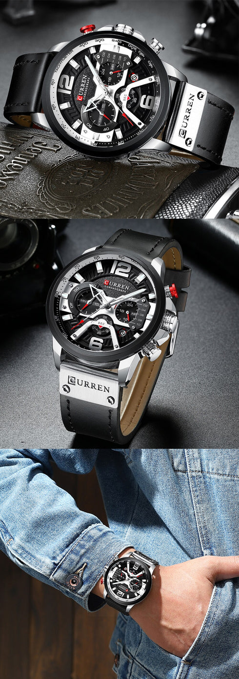 Curren Men's! - Modern Silver & Black Chronograph! - Genuine Ultrasoft Leather! - Water Resistant! - 1 Year Warranty!