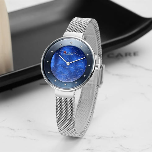 Curren Elegance of Steel! - Women's Watch - Metallic Silver & Blue! - Adjustable Steel Strap! - Two Hand Design! - 1 Year Warranty!