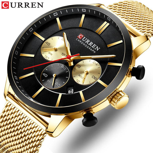 Curren Black & Gold Adjustable Steel Strap Chronograph - 1 Year Warranty!
