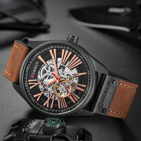 Curren Men's Automatic Master Watch! - No Battery Needed! - The Ultimate Timepiece! - Handmade with Expert Craftsmanship! - Open Heart Design! - Genuine Brown Ultrasoft Leather! -1 Year Warranty!
