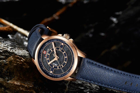 Naviforce Modern Blue & Rose Gold! - Genuine Leather! - 1 Year Warranty! - Day Date Function!