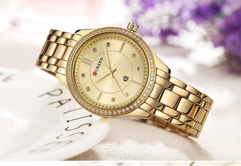 Curren Women's Gold Sunburst Dial! - Crystal Party! - Sparkling Statement Watch! - Steel Strap! - Date Function! - 1 Year Warranty!