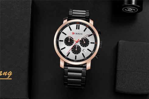 Curren Men's Rose Gold & Silver Sunray Dial! - Chronograph! - Stainless Steel Strap! - New Design! - Water Resistant 3ATM! - 1 Year Warranty!