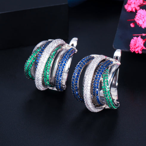 Green Blue Plated Twisted Hoops Party Earrings - Statement Jewellery - Cubic Zircon - Box Packaging