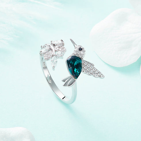 Where Bird's Fly Ring - Pure S925 Sterling Silver (Chandi) - Adjustable Size - Embellished with Genuine European Crystals & Pearl - Free Box Packaging