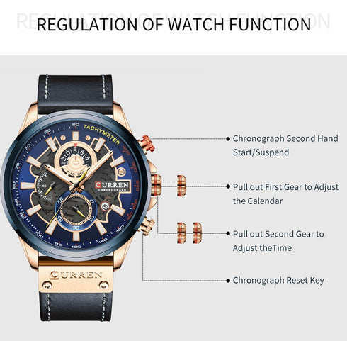 Curren Men's Futuristic Design! - Chronograph! - Blue & Rose Gold! - Ultra Soft Leather! - 1 Year Warranty! - Ultra Slim!
