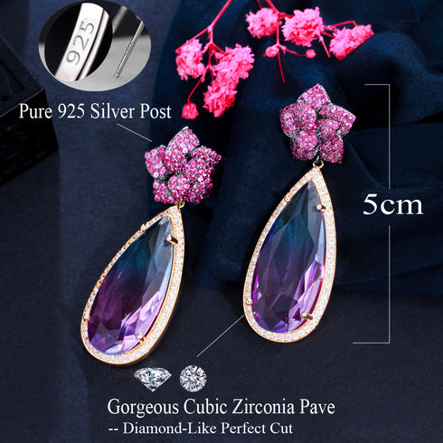 Flower Water Drop Earrings - Statement Jewellery - Cubic Zircon - Box Packaging