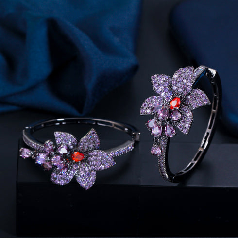 Deep Puple Flower Hoops Party Earrings - Statement Jewellery - Cubic Zircon - Box Packaging