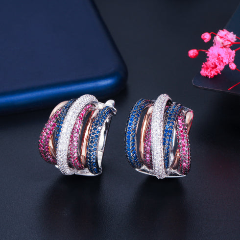 Multi Colour Gold Plated Twisted Hoops Party Earrings - Statement Jewellery - Cubic Zircon - Box Packaging