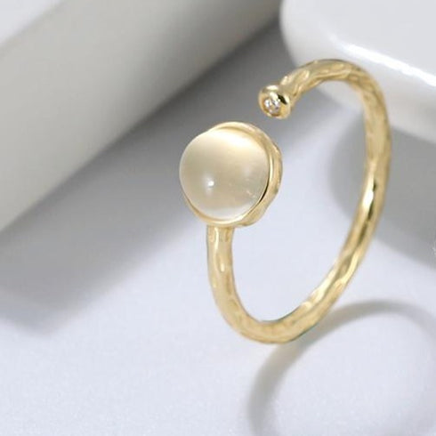 Celeste - S925 Sterling Silver Ring - Adjustable Size - Genuine Moonstone - 14K Gold Plating - Free Box Packaging