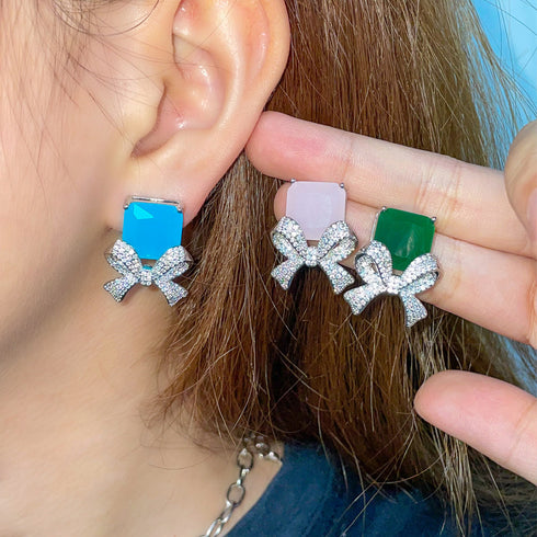 Green Bow Party Earrings - Statement Jewellery - Cubic Zircon - Box Packaging