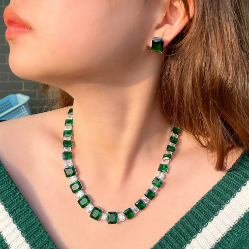 Green and White Lux Set - Earrings & Necklace - Statement Jewellery - Cubic Zircon - Box Packaging