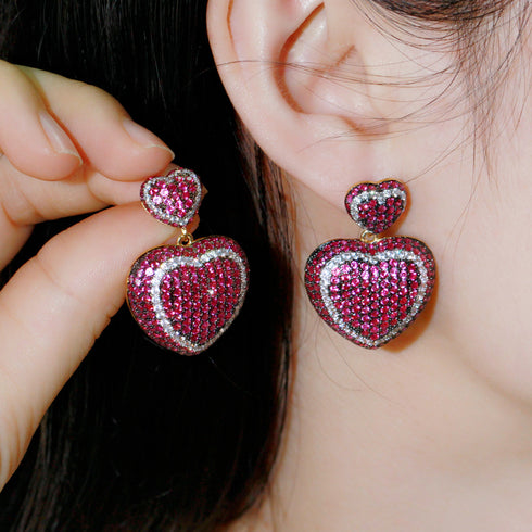 Double Heart Party Earrings - Statement Jewellery - Cubic Zircon - Box Packaging