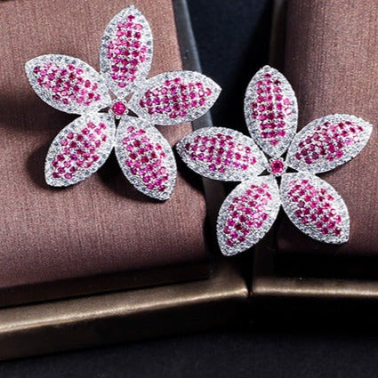 Pink Red Flower Party Earrings - Statement Jewellery - Cubic Zircon - Box Packaging