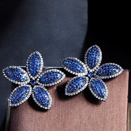 Blue Flower Party Earrings - Statement Jewellery - Cubic Zircon - Box Packaging