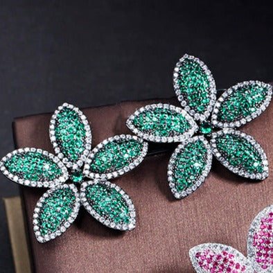 Green Flower Party Earrings - Statement Jewellery - Cubic Zircon - Box Packaging