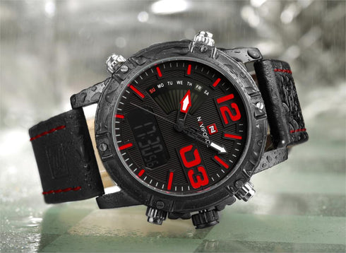 Naviforce Rugged Black & Red Attack (Digital + Analog) - Genuine Leather! - Water Resistant! - 1 Year Warranty!