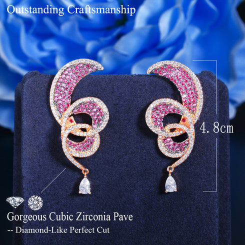 Geometric Pink Twirl Earrings - Statement Jewellery - Cubic Zircon - Box Packaging