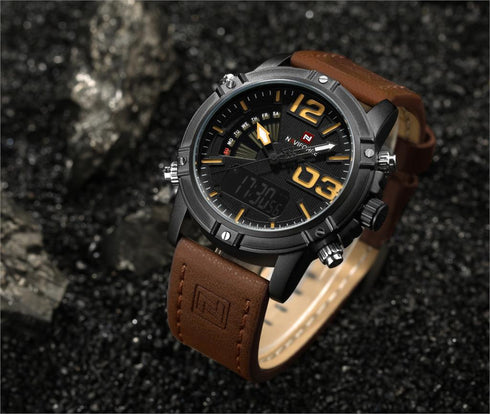 Naviforce Rugged Brown Attack (Digital + Analog) - Genuine Leather! - Water Resistant! - 1 Year Warranty!