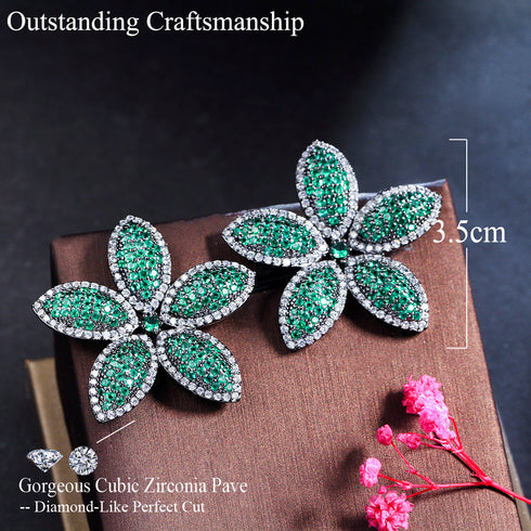 Green Flower Party Earrings - Statement Jewellery - Cubic Zircon - Box Packaging