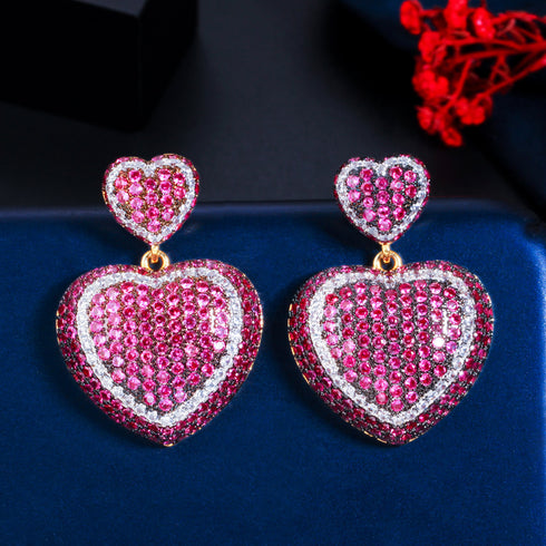 Double Heart Party Earrings - Statement Jewellery - Cubic Zircon - Box Packaging