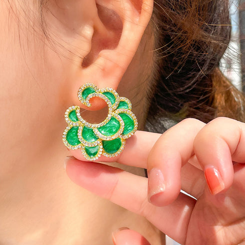 Retro Green & Gold Party Earrings - Statement Jewellery - Cubic Zircon - Box Packaging