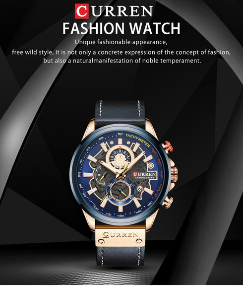 Curren Men's Futuristic Design! - Chronograph! - Blue & Rose Gold! - Ultra Soft Leather! - 1 Year Warranty! - Ultra Slim!