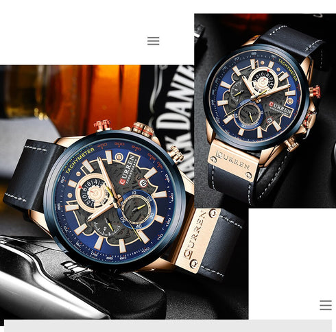 Curren Men's Futuristic Design! - Chronograph! - Blue & Rose Gold! - Ultra Soft Leather! - 1 Year Warranty! - Ultra Slim!