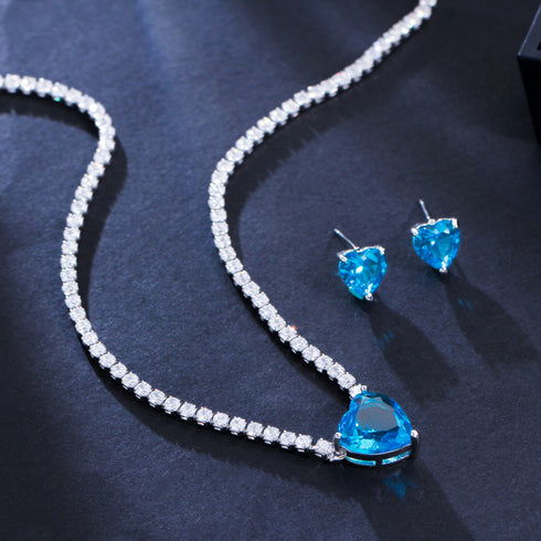 Romantic Blue Party Set - Earrings & Necklace - Statement Jewellery - Cubic Zircon - Box Packaging