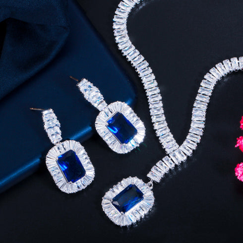 Majestic Party Set Deep Blue & White - Earrings & Necklace - Statement Jewellery - Cubic Zircon - Box Packaging