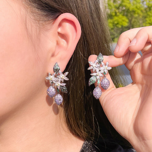Purple Floral Earrings - Statement Jewellery - Cubic Zircon - Box Packaging