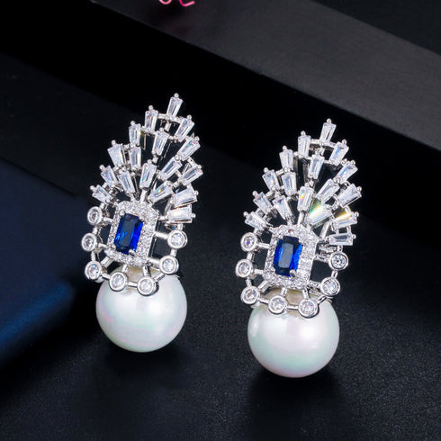 Pearl and Blue Earrings - Statement Jewellery - Cubic Zircon - Box Packaging