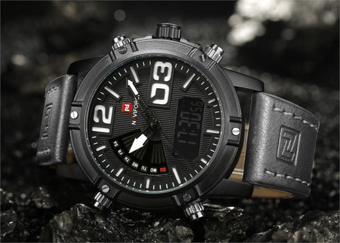 Naviforce Rugged Black Attack (Digital + Analog) - Genuine Leather! - Water Resistant! - 1 Year Warranty!