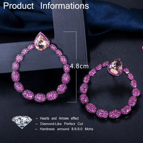 Pink-Purple Hoop Party Earrings - Statement Jewellery - Cubic Zircon - Box Packaging