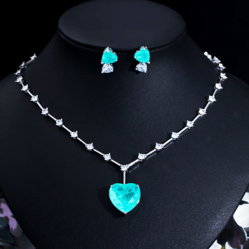 Mermaid Green Love Party Set - Earrings & Necklace - Statement Jewellery - Cubic Zircon - Box Packaging