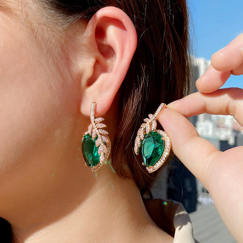 Designer Leaf Party Earrings - Statement Jewellery - Cubic Zircon - Box Packaging