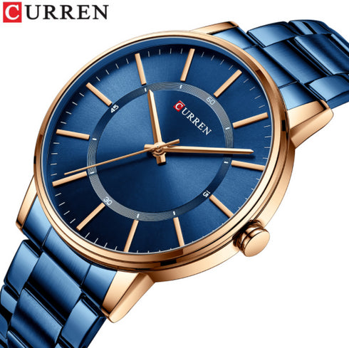 Curren Simplicity (Sparkling Rose Gold & Blue) - Men's Watch - 1 Year Warranty - Free Box Packaging - 3 ATM Water Resistant