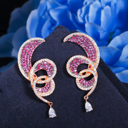 Geometric Pink Twirl Earrings - Statement Jewellery - Cubic Zircon - Box Packaging