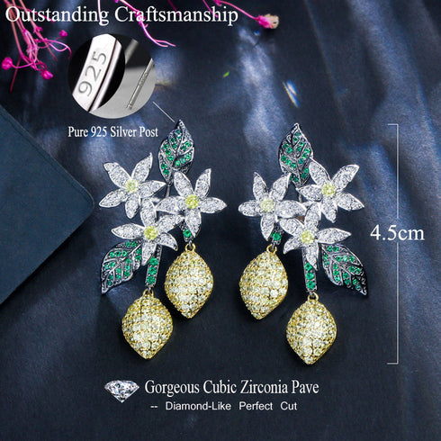 Flower Drop Earrings - Statement Jewellery - Cubic Zircon - Box Packaging