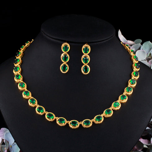 Gold & Green Party Set - Earrings & Necklace - Statement Jewellery - Cubic Zircon - Box Packaging