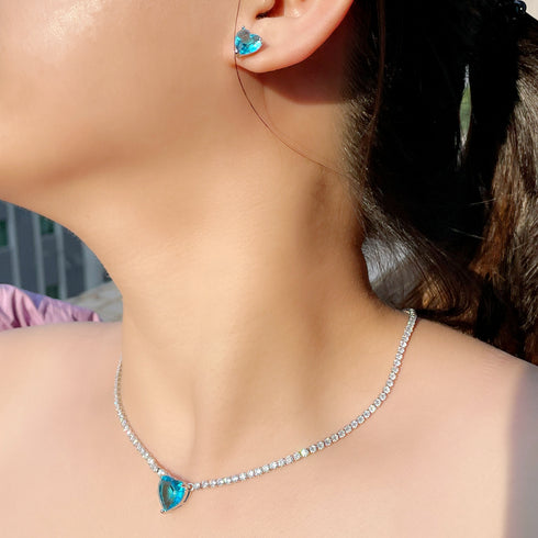 Romantic Blue Party Set - Earrings & Necklace - Statement Jewellery - Cubic Zircon - Box Packaging
