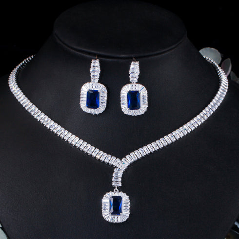 Majestic Party Set Deep Blue & White - Earrings & Necklace - Statement Jewellery - Cubic Zircon - Box Packaging