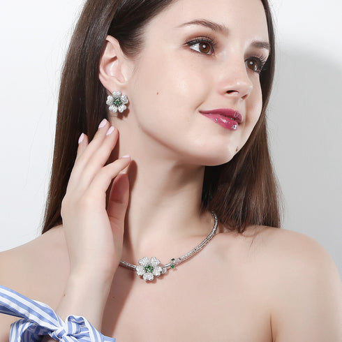 Modern Floral Party Set - Earrings & Necklace - Statement Jewellery - Cubic Zircon - Box Packaging