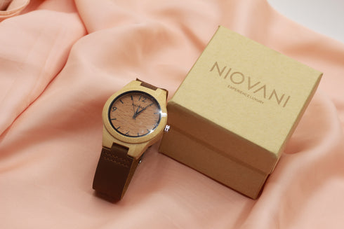 Niovani Original Wooden Watch - Unisex - Genuine Bamboo Wood - Ultra Thin Soft Genuine Leather - Box Packaging - 1 Year Warranty!
