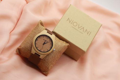 Niovani Original Wooden Watch - Unisex - Genuine Bamboo Wood - Ultra Thin Soft Genuine Leather - Box Packaging - 1 Year Warranty!
